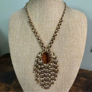 Vintage Golden Brown Rhinestone Fringe Necklace Dogtooth Cupcake Setting Deco